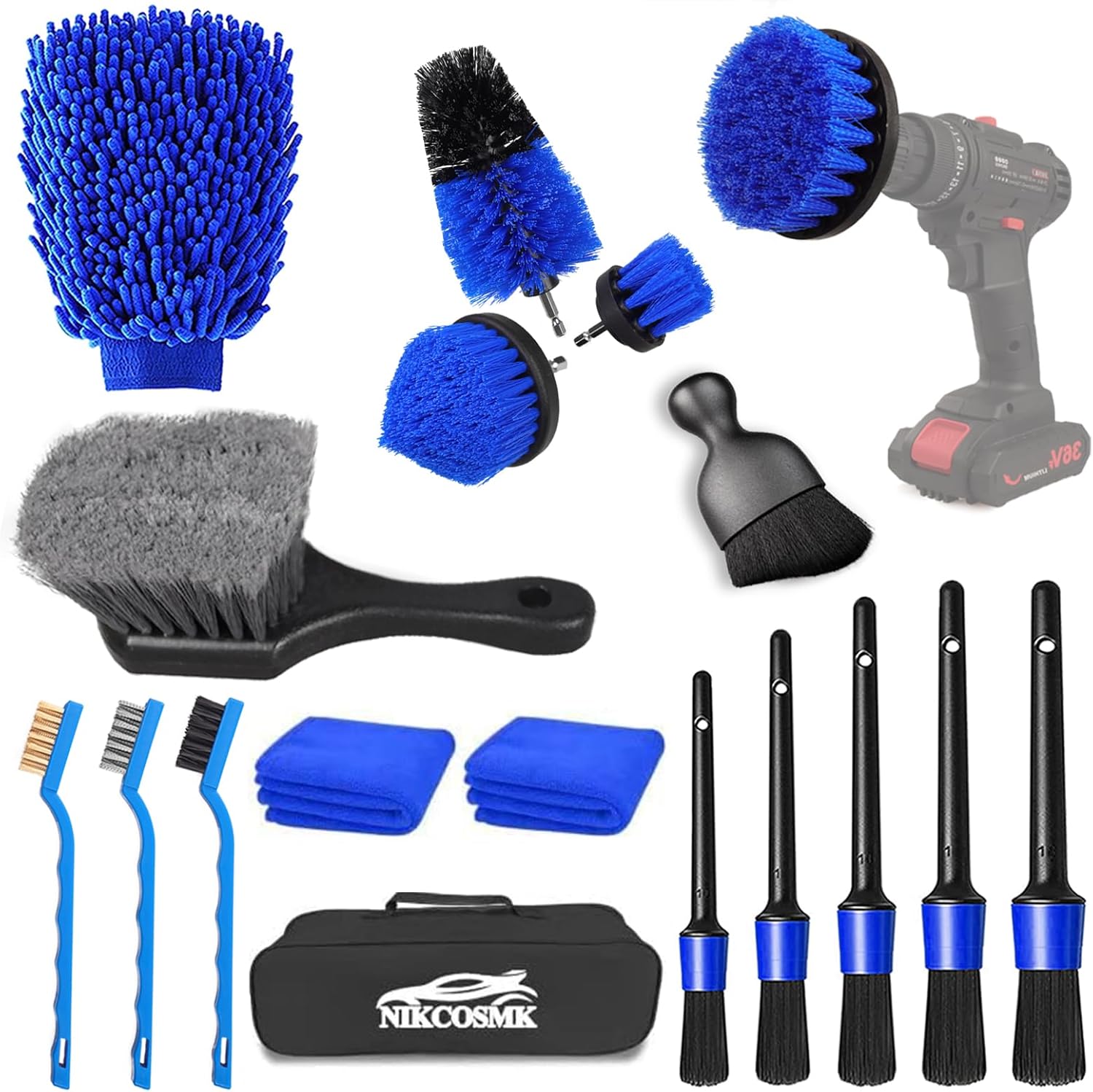 Car Detailing Kit, 18Pcs Car Detailing Brush Set, Car Cleaning Kit, Drill Brush Set, Car Detailing Brushes, Tire Brush – Car Wash Kit, Car Cleaning Tools brushes for Interior, Exterior, Wheels