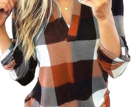 Dokotoo Womens Basic Casual V Neck Plaid Print Cuffed Long Sleeve Work Tops Blouses Shirts S-3XL
