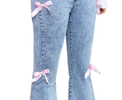 Girls Jeans Flare/Bell Bottom Bow Jeans for Teen High Waist Cute Y2K Stretch Tween Denim Pants 8-16Y
