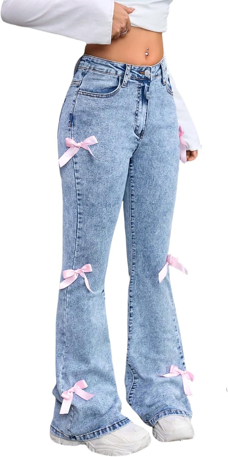 Girls Jeans Flare/Bell Bottom Bow Jeans for Teen High Waist Cute Y2K Stretch Tween Denim Pants 8-16Y