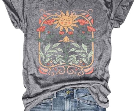 Women’s T-Shirts V-Neck Boho Flowers Wildflowers Tee Cute Summer Graphic Shirts Short Sleeve T Shirt