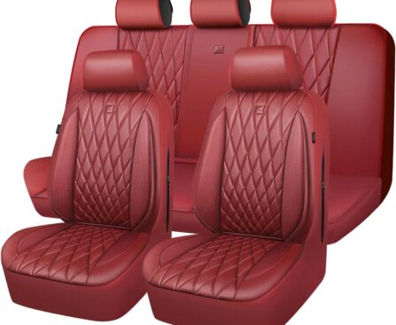 CAR PASS Piping Luxury Faux Leather Seat Covers Full Set, Premium Delux Anti-Slip Waterproof Automotive Seat Cover Universal Fit for Sedans Suvs Vans Trucks, Armrest & Airbag Compatible, Burgundy Red