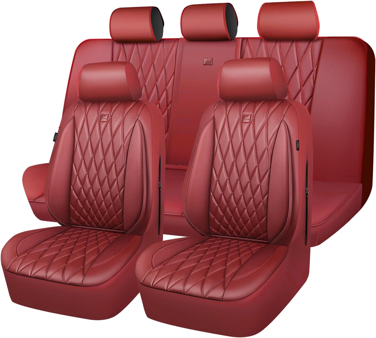 CAR PASS Piping Luxury Faux Leather Seat Covers Full Set, Premium Delux Anti-Slip Waterproof Automotive Seat Cover Universal Fit for Sedans Suvs Vans Trucks, Armrest & Airbag Compatible, Burgundy Red