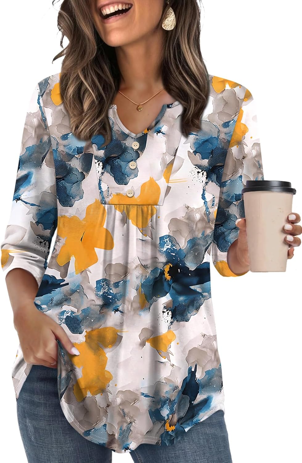 WIHOLL Womens Tops Fall Fashion Must Have 3/4 Length Sleeve Shirts Business Casual Outfits Basic Tees