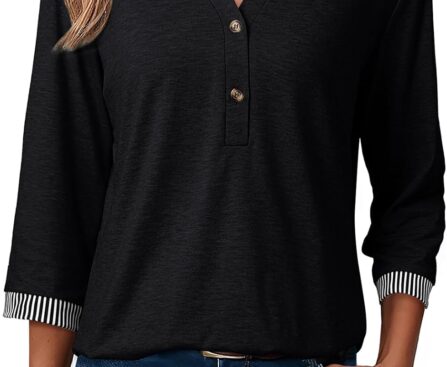 Dokotoo Womens Tops 3/4 Length Sleeve T-Shirts V Neck Button Down Dressy Casual Loose Basic Tee Blouses Fall Clothes