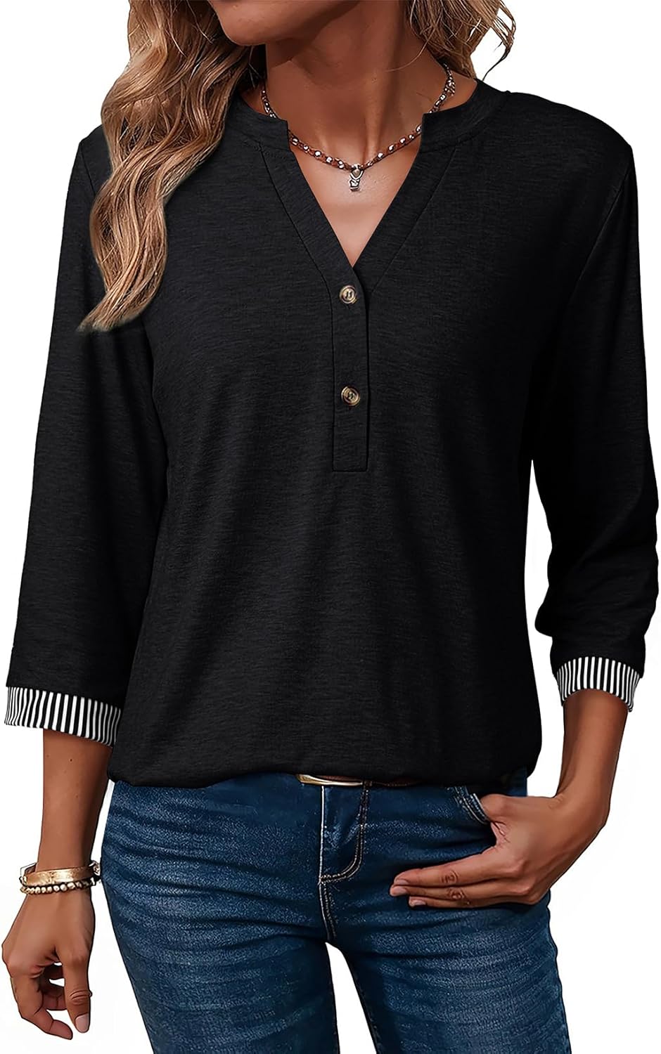 Dokotoo Womens Tops 3/4 Length Sleeve T-Shirts V Neck Button Down Dressy Casual Loose Basic Tee Blouses Fall Clothes