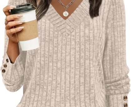 WIHOLL V Neck Long Sleeve Shirts for Women with Bottons Casual Fall Outfits Lightweight Tunic Sweaters Fashion Clothes 2025