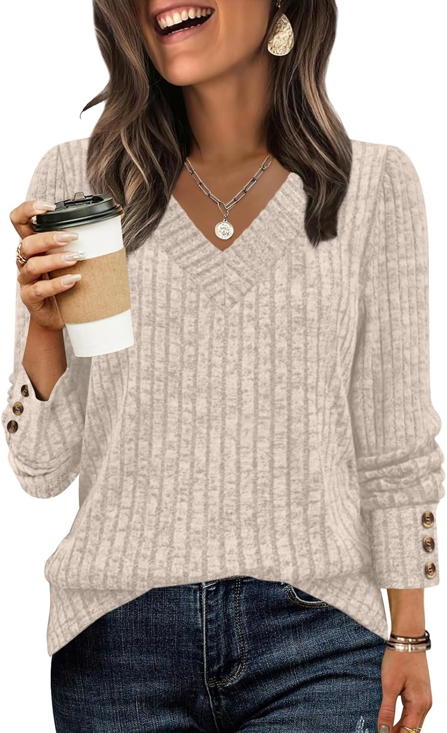 WIHOLL V Neck Long Sleeve Shirts for Women with Bottons Casual Fall Outfits Lightweight Tunic Sweaters Fashion Clothes 2025