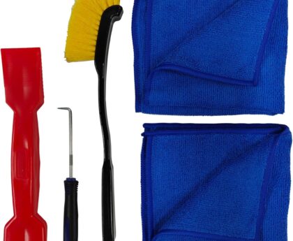 5Pcs Car Weatherstrip Installation & Cleaning Tool Kit – 2 Microfiber Towels, Groove Brush, Dual-Head ABS Shovel & 90° Metal Hook for Trim Groove, Roof Seal & Sunroof Strip