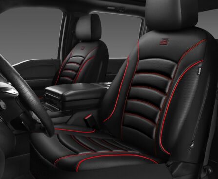 CAR PASS 3D Foam PU Leather Car Seat Covers, Universal Seat Covers Front 2 for Trucks SUV Sedan Automotive Seat Covers Armrest Airbag Compatible Waterproof Comfortable Faux Nappa Leather Black Red