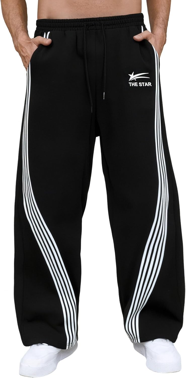 GORGLITTER Men’s Baggy Wide Leg Sweatpants Y2K Striped Side Drawstring Waist Barrel Track Pants with Pockets