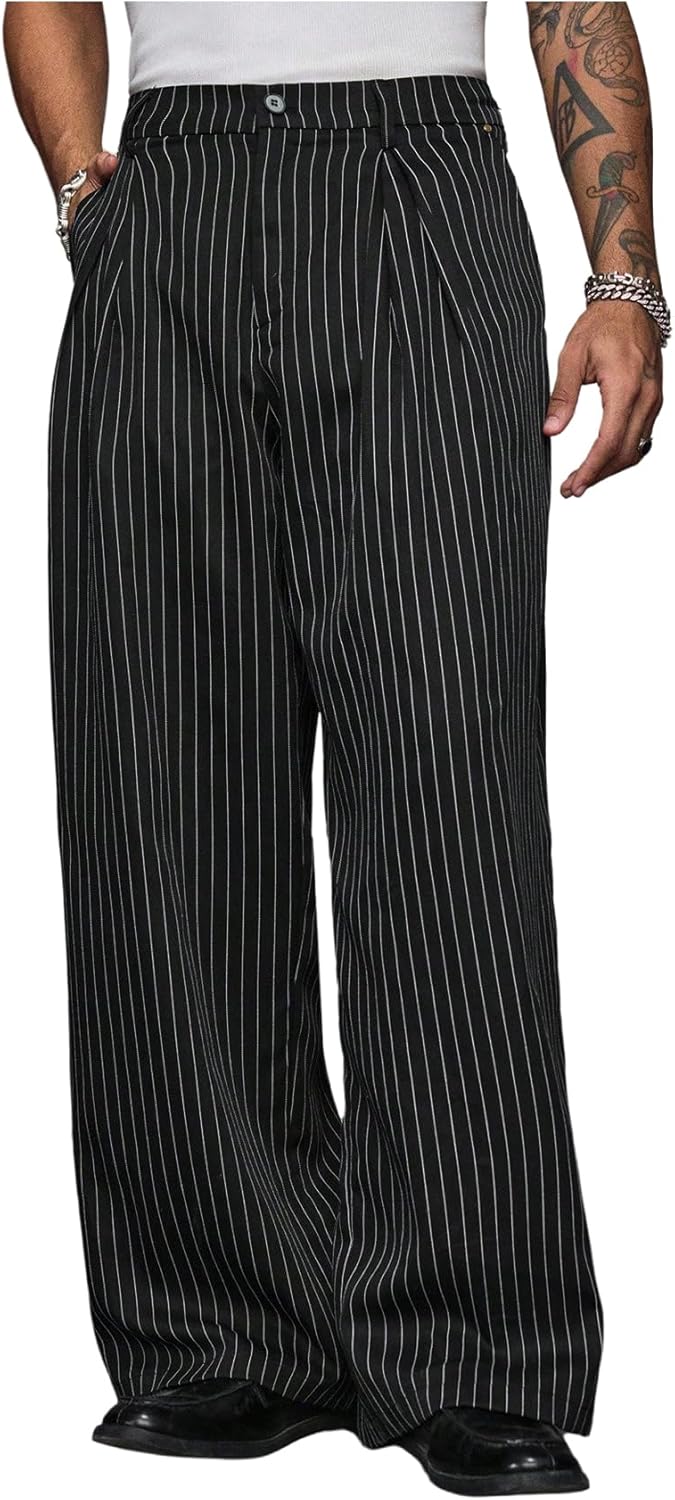 GORGLITTER Men’s Striped Baggy Dress Pants Casual Wide Leg Pleated Trousers 2025 Streetwear with Pockets