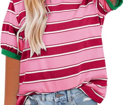 Dokotoo Womens Summer Tops 2025 Striped Color Block Short Sleeve T-Shirts Crewneck Casual Loose Basic Tee Blouses