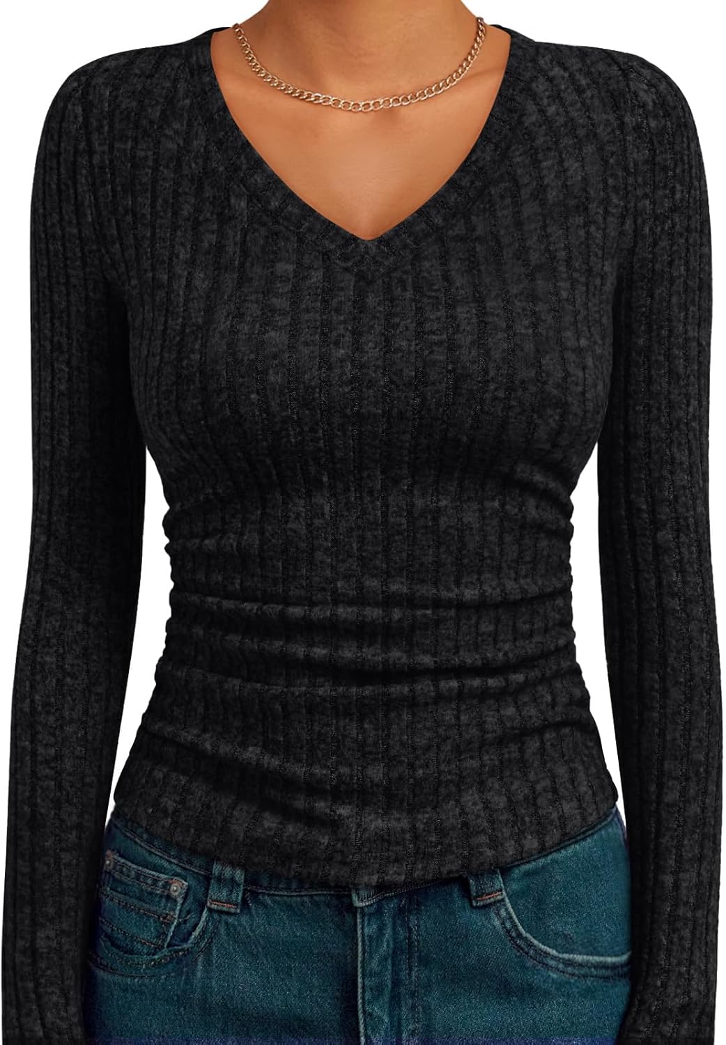 AUTOMET Women V Neck Fall Sweaters Long Sleeve Shirts Ribbed Knit Fit T Shirts Casual Lightweight Tops