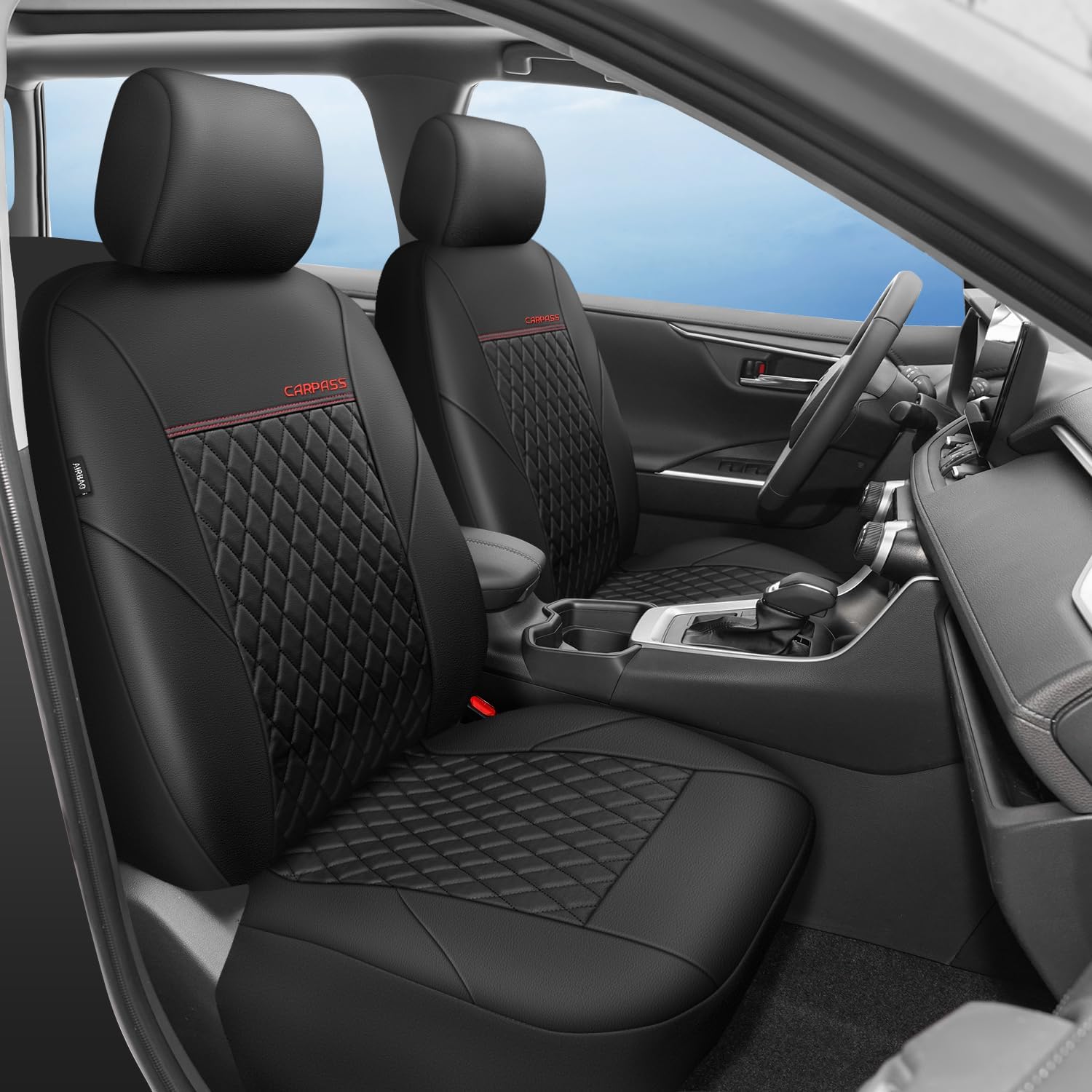 CAR PASS Faux Leather Car Seat Covers Front Seats only, Premium Waterproof Anti Slip Front Automotive Seat Covers,Airbag Compatible Custom Fit for Toyota Rav4 Camry Corolla Highlander Prius, Black