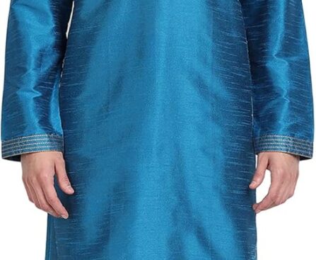 SKAVIJ Men’s Embroidered Kurta Pajama Set Art Silk Traditional Dress, Regular Fit Great Father’s Day Gift