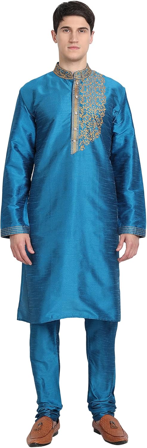 SKAVIJ Men’s Embroidered Kurta Pajama Set Art Silk Traditional Dress, Regular Fit Great Father’s Day Gift