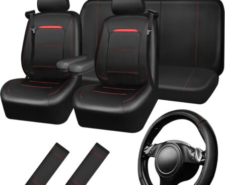 CAR PASS Leather Car Seat Cover Full Set with Steering Wheel Cover and 2PCS Seat Belt Shoulder Pads,for Trucks and SUV with Built-in Seatbelts and Front Seat Side Armrests(Combo Set, Black and Red)