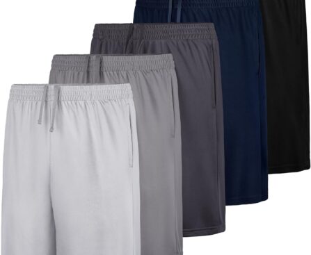 QWE 5-Pack Boys Athletic Shorts with Pockets, Dry-Fit Basketball Soccer Boys Shorts for Youth & Kids Outdoor