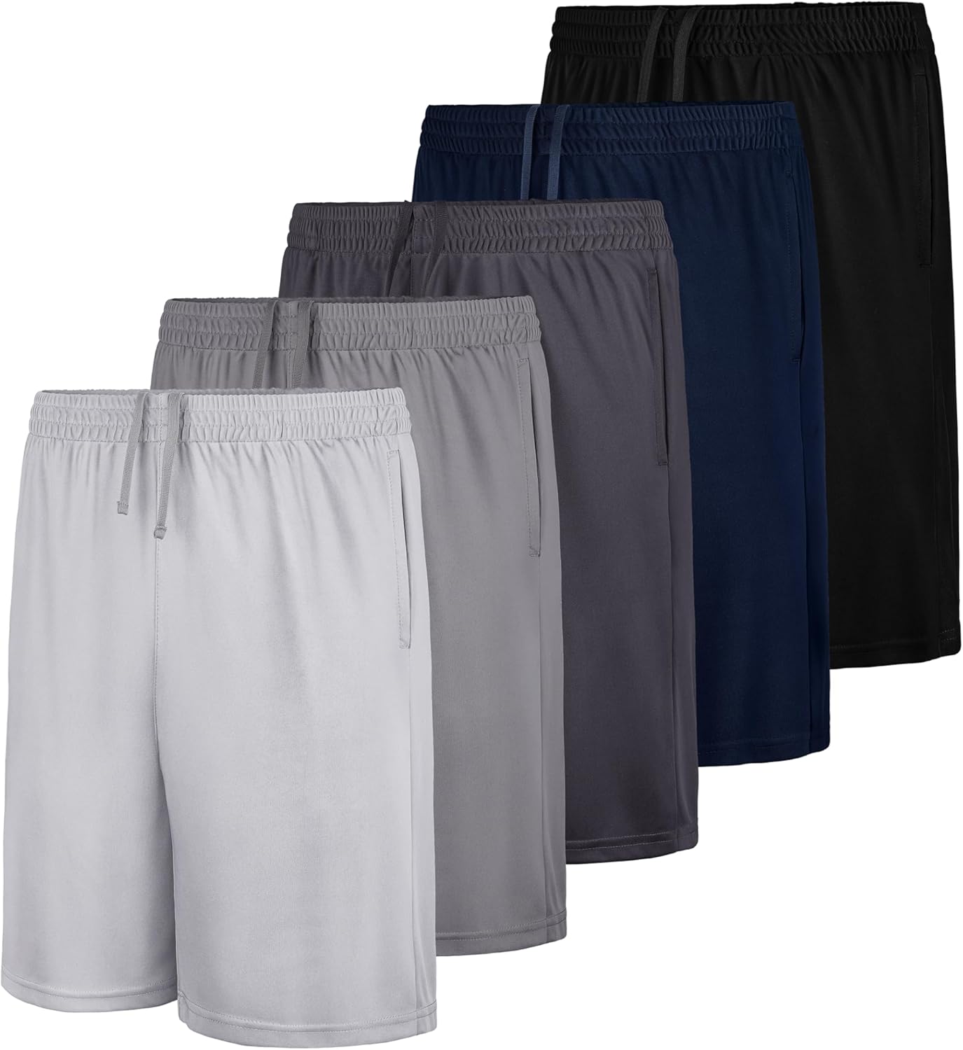QWE 5-Pack Boys Athletic Shorts with Pockets, Dry-Fit Basketball Soccer Boys Shorts for Youth & Kids Outdoor