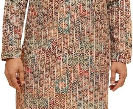 Sojanya (Since 1958 Men’S Cotton Silk Gold Thread Floral Embroidered Kurta With White Pyjama