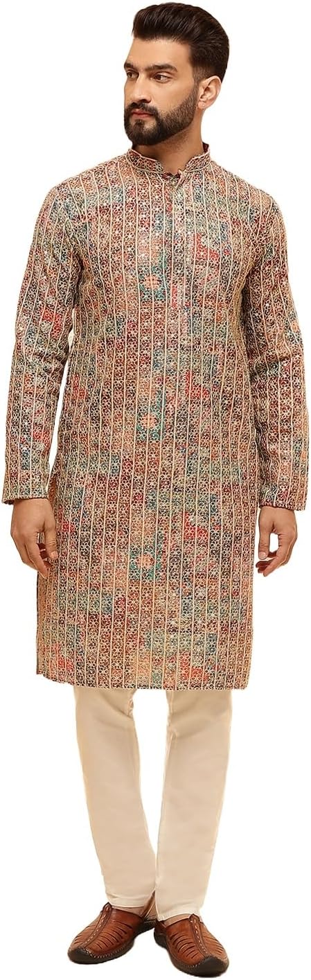 Sojanya (Since 1958 Men’S Cotton Silk Gold Thread Floral Embroidered Kurta With White Pyjama