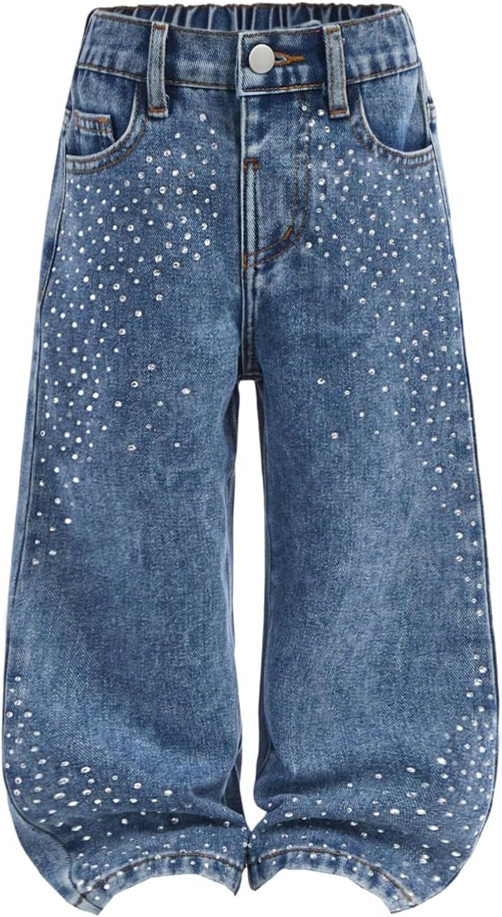 Verdusa Toddler Girl’s Rhinestone Sparkly Wide Leg Jeans Streetwear Denim Pants with Pockets