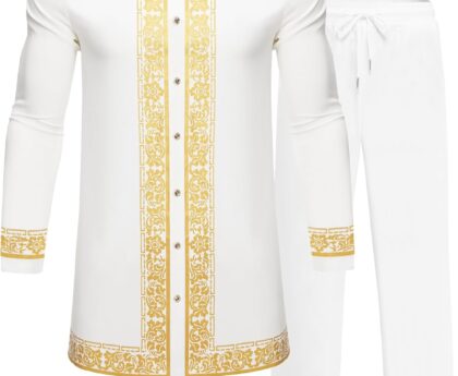 Mens African 2 Piece Set Nigerian Dashiki Metallic Traditional Suit Gold Stamp Printed Shirt and Pants Outfit