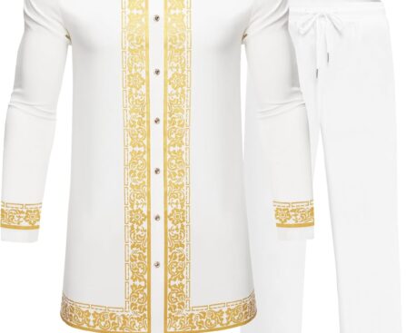 Mens African 2 Piece Set Nigerian Dashiki Metallic Traditional Suit Gold Stamp Printed Shirt and Pants Outfit