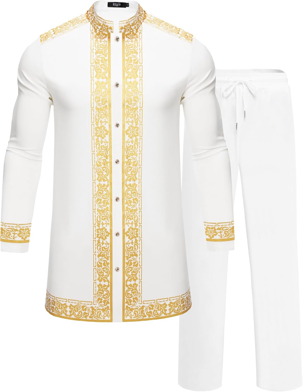 Mens African 2 Piece Set Nigerian Dashiki Metallic Traditional Suit Gold Stamp Printed Shirt and Pants Outfit