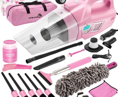 Pink Car Cleaning Kit, 21PCS Car Detailing Kit Interior Cleaner with 4-in-1 Handheld Car Vacuum Cleaner, Detailing Brush Set, Side Mirror Squeegee, Car Accessories for Cleaning, Gift for Women