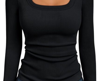 AUTOMET Womens Long Sleeve Shirts Square Neck Tops Ribbed Knit Basic Teen Girls Crop Tops Fall Outfits Fashion Clothes 2025