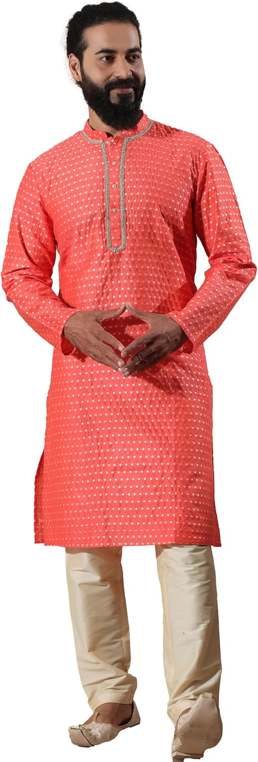 Filori Studio – Men’s Traditional Motif Self Woven Design with Lace Detailing Long Kurta (Kurta Only)