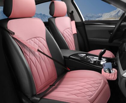 2 Pack Leather Front Car Seat Covers, Universal Sideless Car Seat Protectors with Storage Pocket and Seat Belt Pads, Waterproof Automotive Seat Cover for Cars Trucks SUV(Pink)