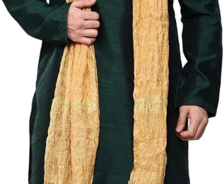 Men’s Tunic Art Silk Kurta Pajama and Scarf Suit Set Indian Clothing Wedding Party Dress Gifts Items
