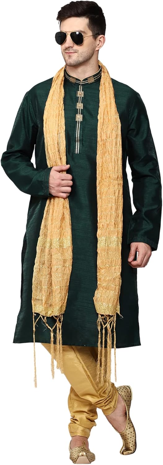 Men’s Tunic Art Silk Kurta Pajama and Scarf Suit Set Indian Clothing Wedding Party Dress Gifts Items