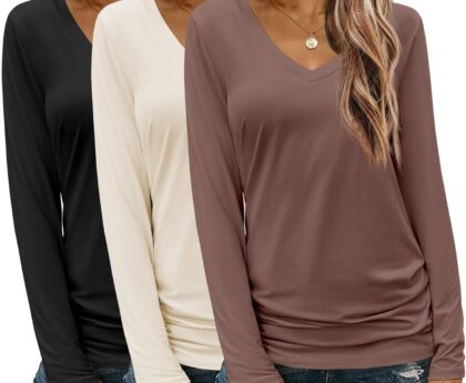 Zeagoo 3 Pack Womens T Shirts V Neck Long Sleeve Shirt Casual Tops Soft Solid Basic Tee Fall Outfits S-XXL