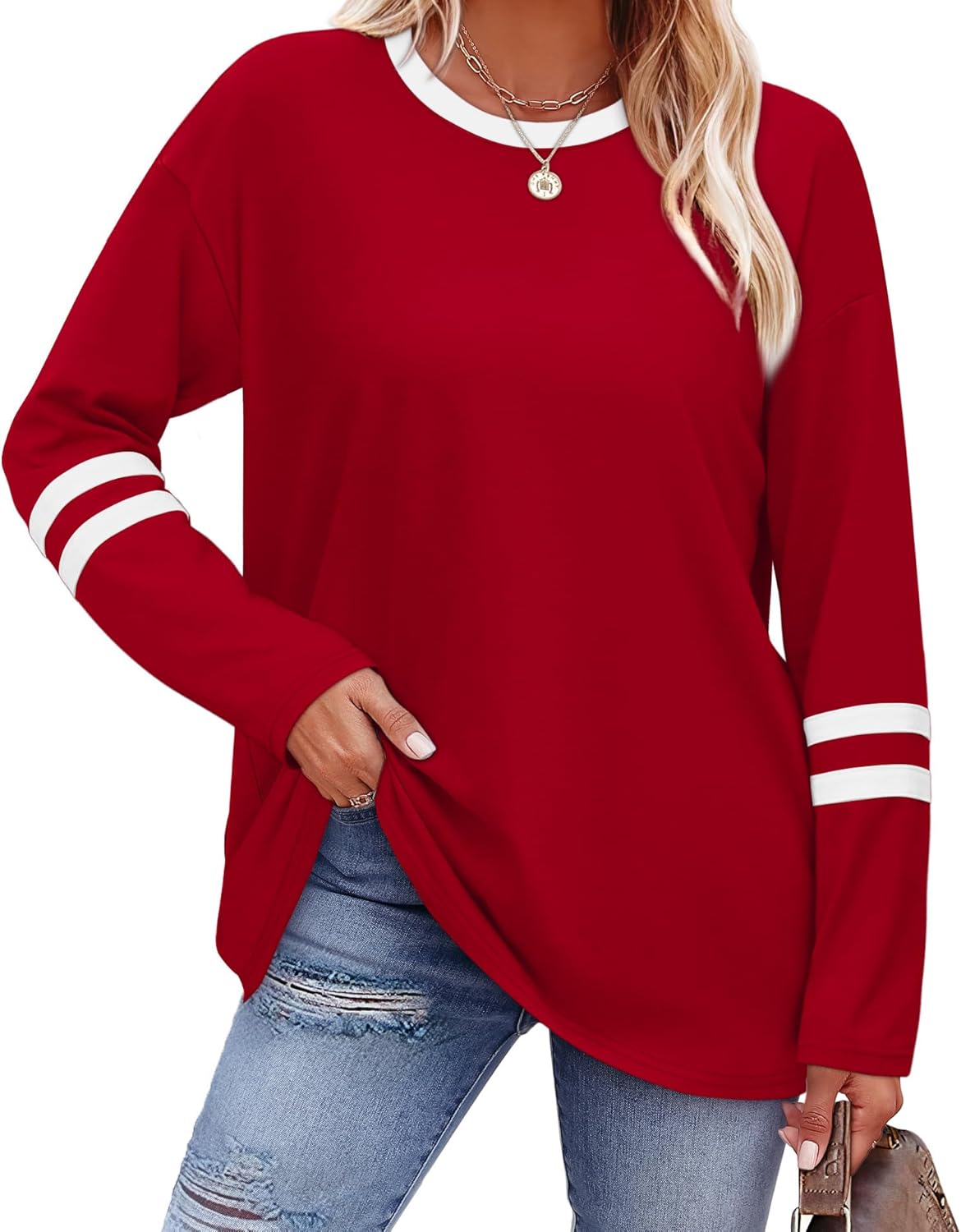 Sampeel Long Sleeve Shirts for Women Color Block Casual Tops Fall Outfits 2025 Basic Tees Trendy Clothes