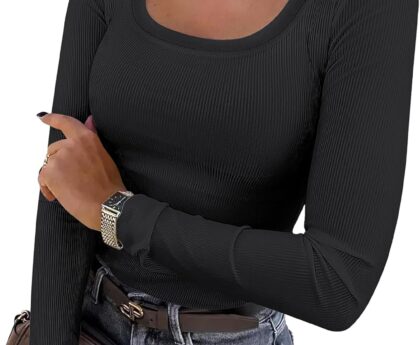 ANRABESS Womens Long Sleeve Shirts Scoop Neck Ribbed Knit Slim Fitted Tops Casual Basic Tee 2025 Fall Fashion Outfits Clothes
