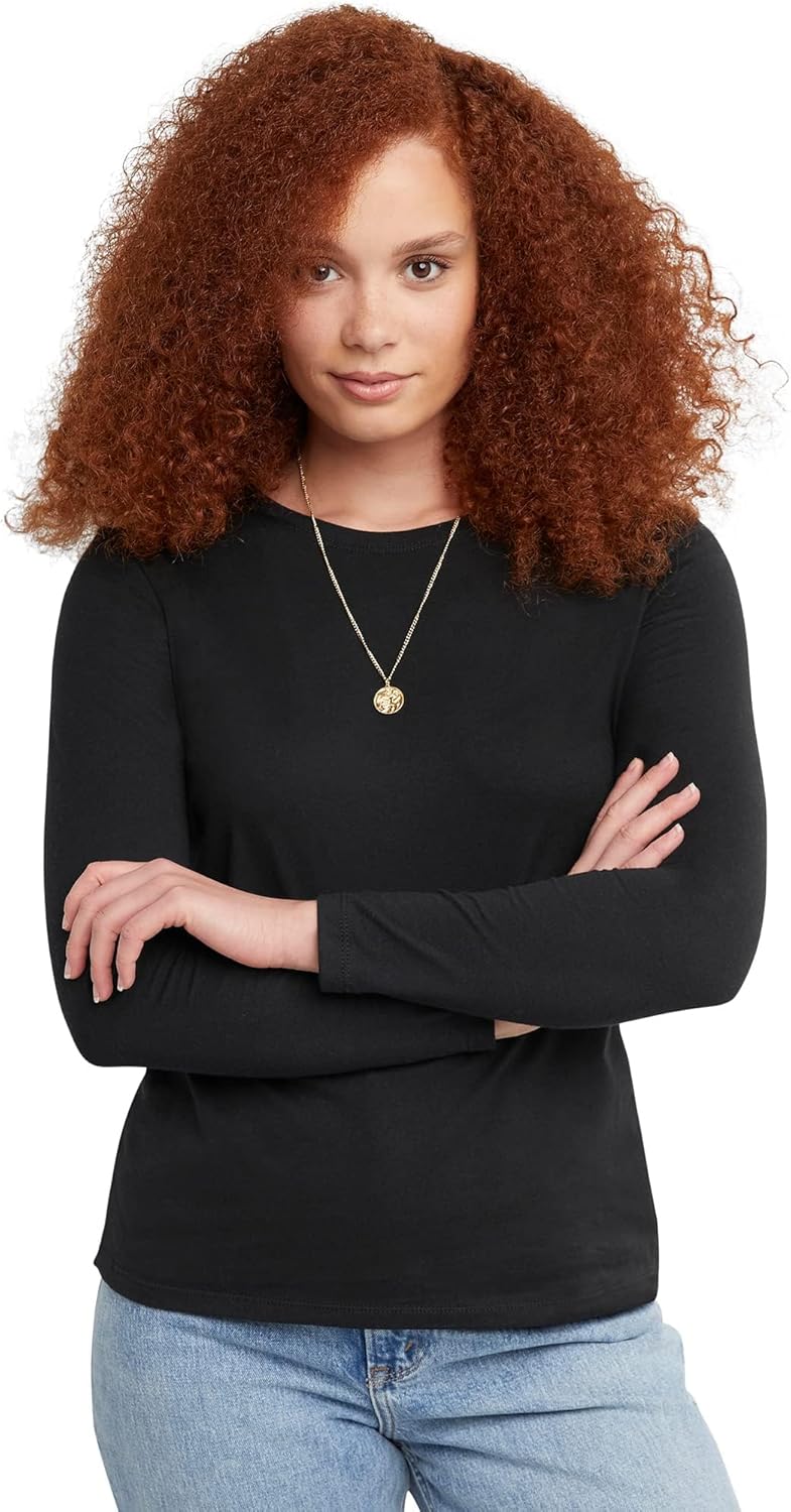 Hanes Womens Originals Long Sleeve Cotton T-Shirt, Lightweight Crewneck Tee, Modern Fit