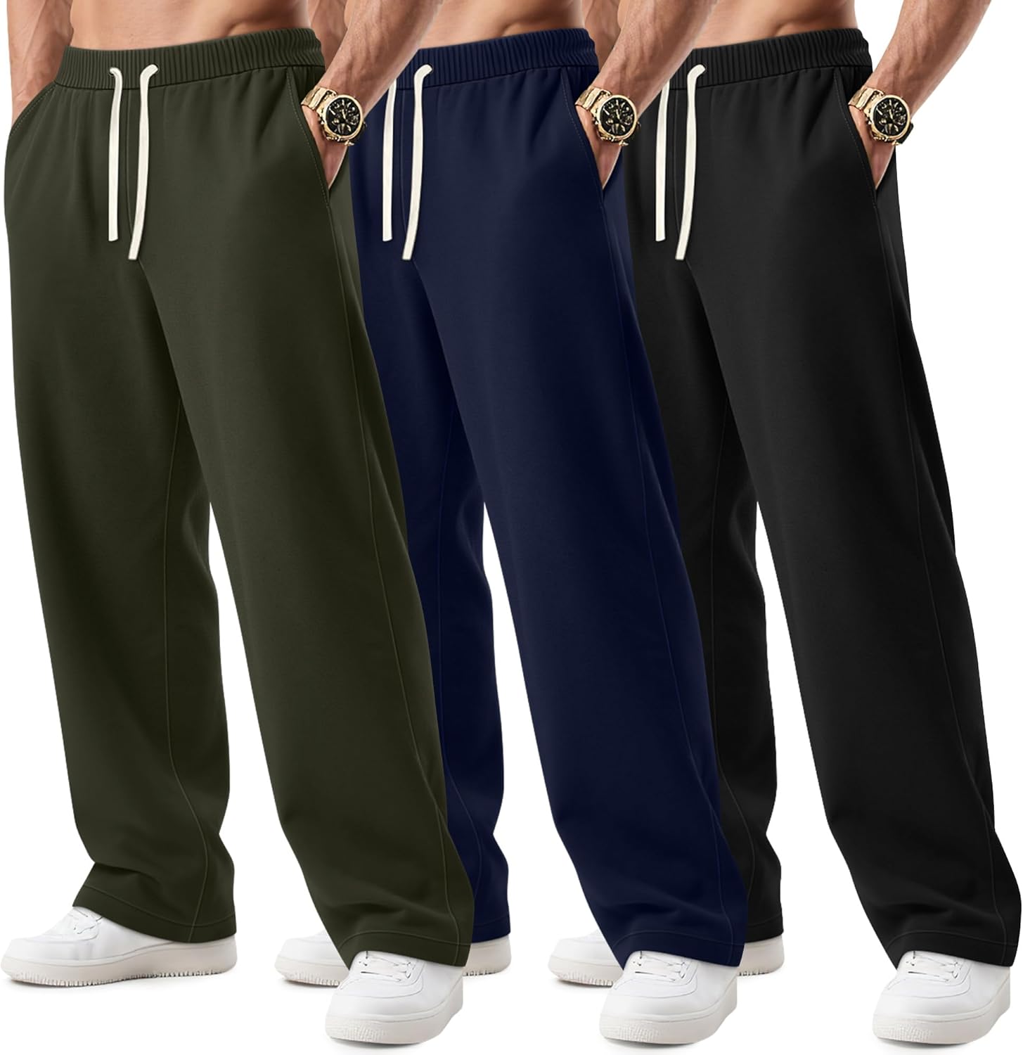 3 Pack Big and Tall Men’s Sweatpants Open Bottom Athletic Pants Drawstring Elastic Waist with Pockets