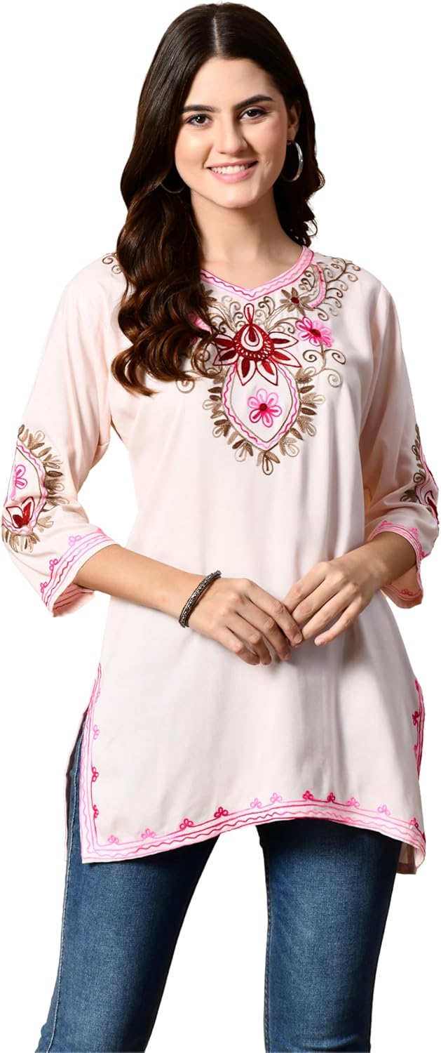 Women’s Embroidered Kashmiri Tunic Top, Short Kurti on Jeans, V-Neck, 3/4 Sleeve, Floral Design