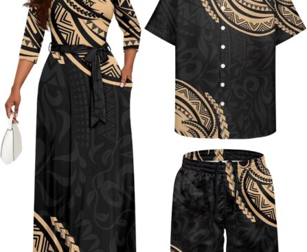 Samoa Couple Outfit Polynesian Dress for Women Traditional Puletasi Shirts for Men Tribal Shorts Trunks