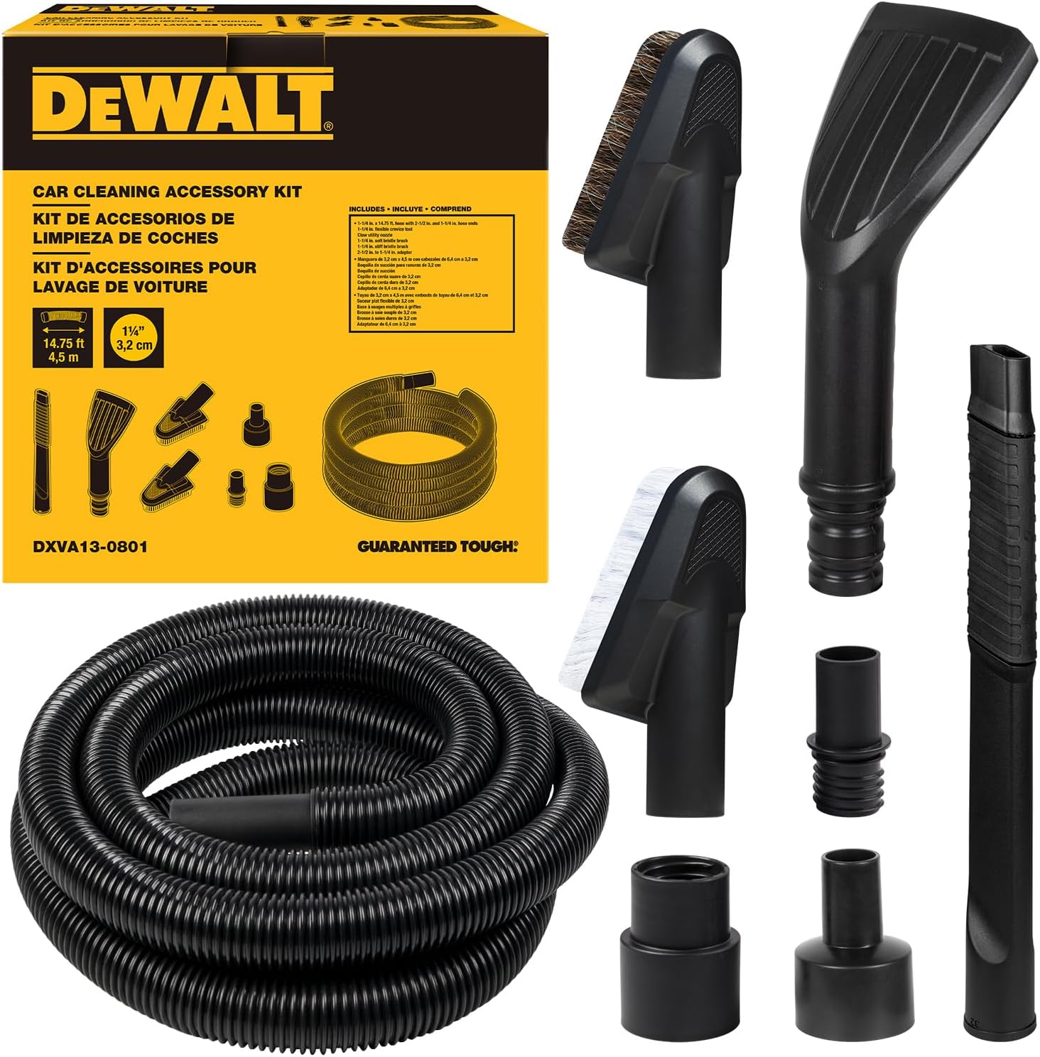 DEWALT 8-Piece Car Detailing Vacuum Hose Accessory Kit, Shop Vac Attachments for Efficient Cleaning, Compatible with Most Wet and Dry Shop Vacuum, DXVA13-0801