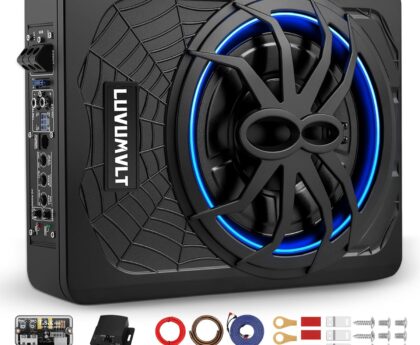 1200W 10″ Car Subwoofer, Slim Under Seat Powered Subwoofer and Amp Package,High/Low Level Input, Car/Truck Audio Sub Built-in Amplifier amp Combo Package, with Blue LED Light