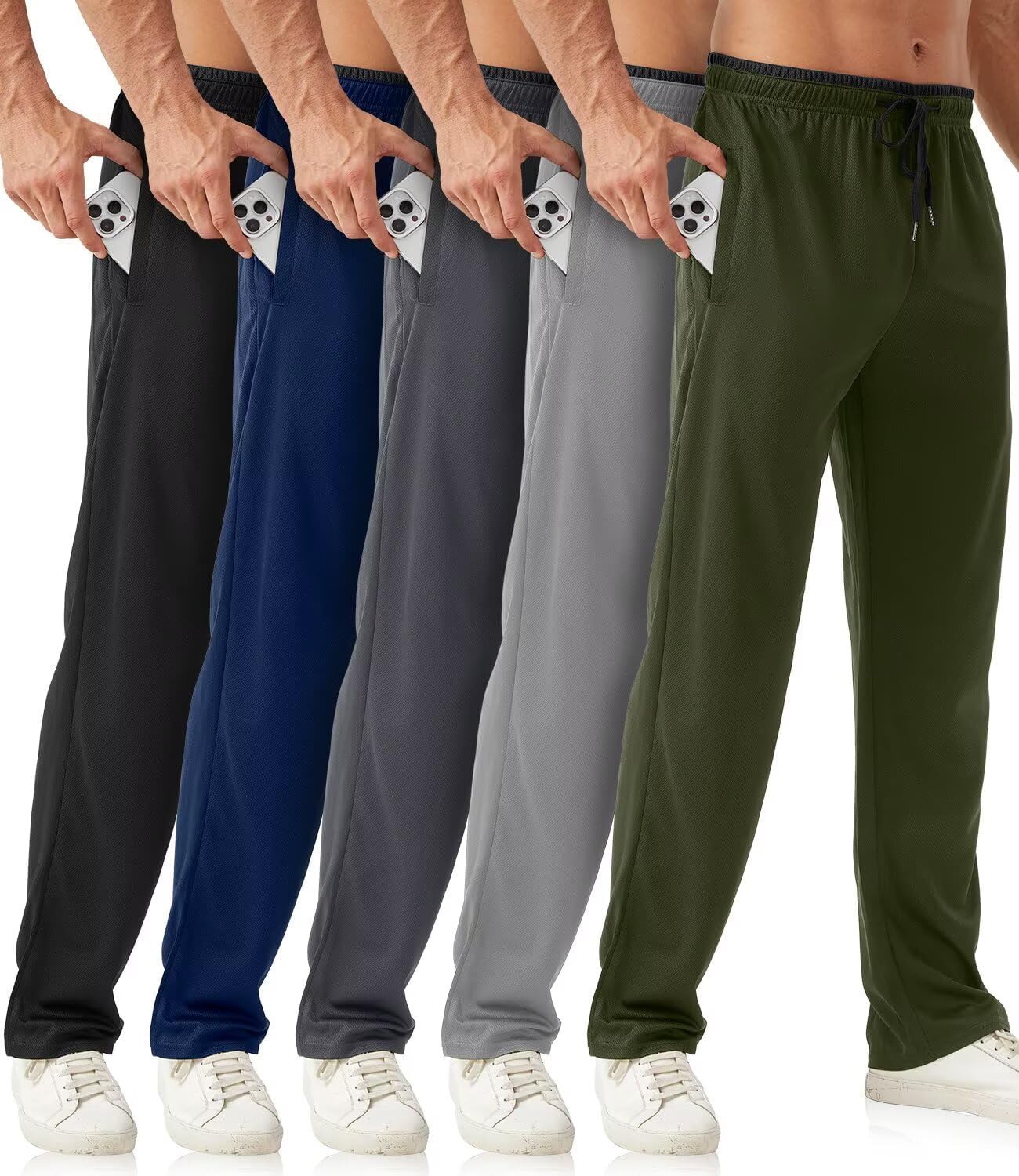 Mens Sweatpants with Zipper Pockets 5 Pack Mens Joggers for Men Open Bottom Mesh Athletic Pants for Workout,Running
