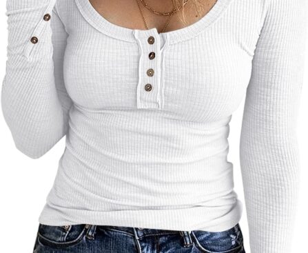 KINLONSAIR Women’s Long Sleeve Henley T Shirts Button Down Slim Fit Tops Scoop Neck Ribbed Knit Shirts