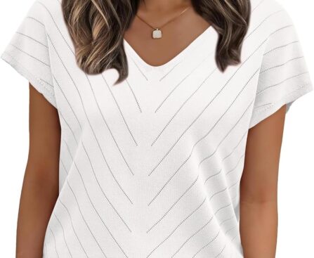 WIHOLL Short Sleeve Sweater for Women V Neck Trendy Summer Tops 2025 Beach Vacation Clothes Travel Business Casual Outfits