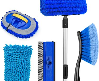 65” Five-Sided Car Wash Brush with Long Handle, Scratch-Free Car Cleaning Kit with Soft Wash Brush, Tire Brush, Window Squeegee, Car Wash Mitt, Microfiber Cleaning Head & Extension Pole