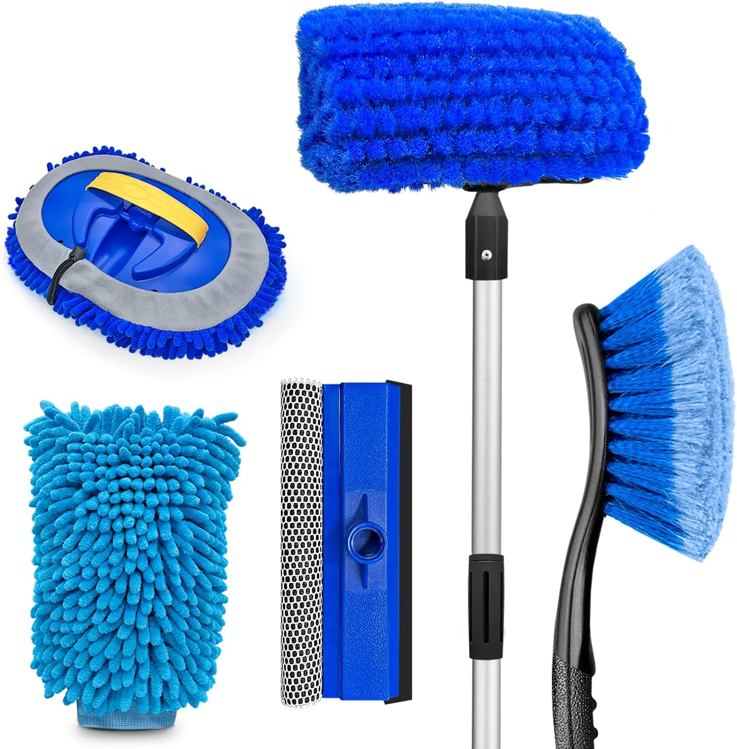 65” Five-Sided Car Wash Brush with Long Handle, Scratch-Free Car Cleaning Kit with Soft Wash Brush, Tire Brush, Window Squeegee, Car Wash Mitt, Microfiber Cleaning Head & Extension Pole